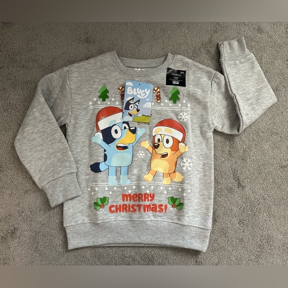 Bluey Kids Christmas Sweatshirt Heathered Grey Size XS Fleece Lined